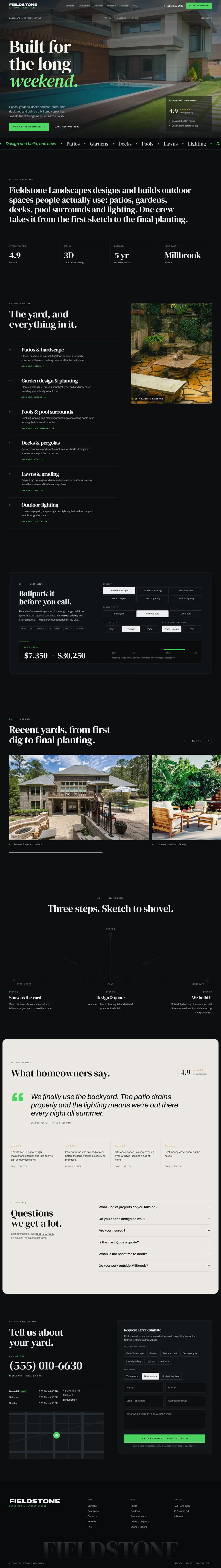 Full-page screenshot of a landscaping website with a pool and garden hero photo, services, yard cost guide, project gallery and estimate form