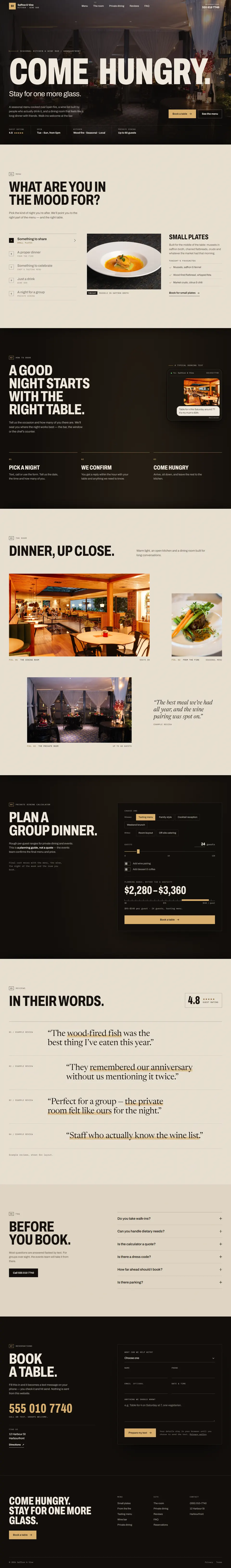 Full-page screenshot of a restaurant website with a dark dining room hero, menu picker, dining room photos, private dining calculator and booking form