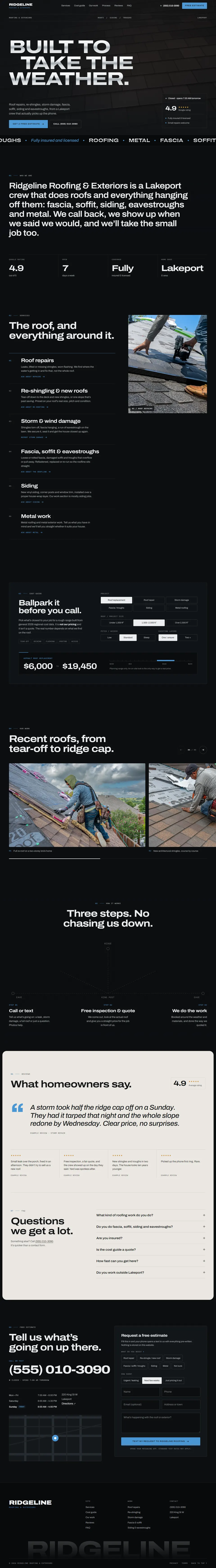 Full-page screenshot of a dark roofing website with a large headline, services, roof cost guide, project photos, reviews and estimate form