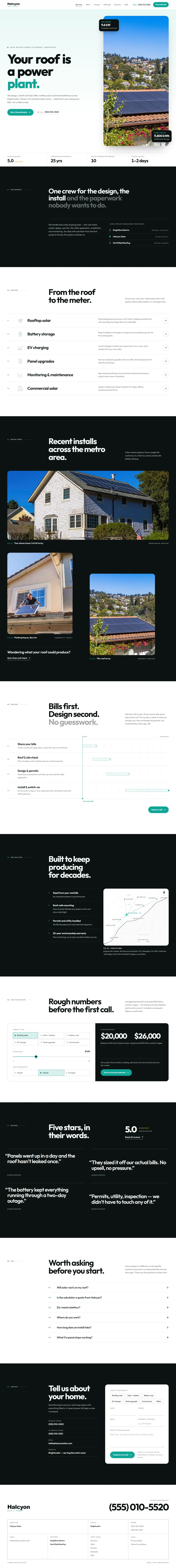 Full-page screenshot of a teal, white and black solar installer website with a rooftop photo hero, services, install photos and cost calculator